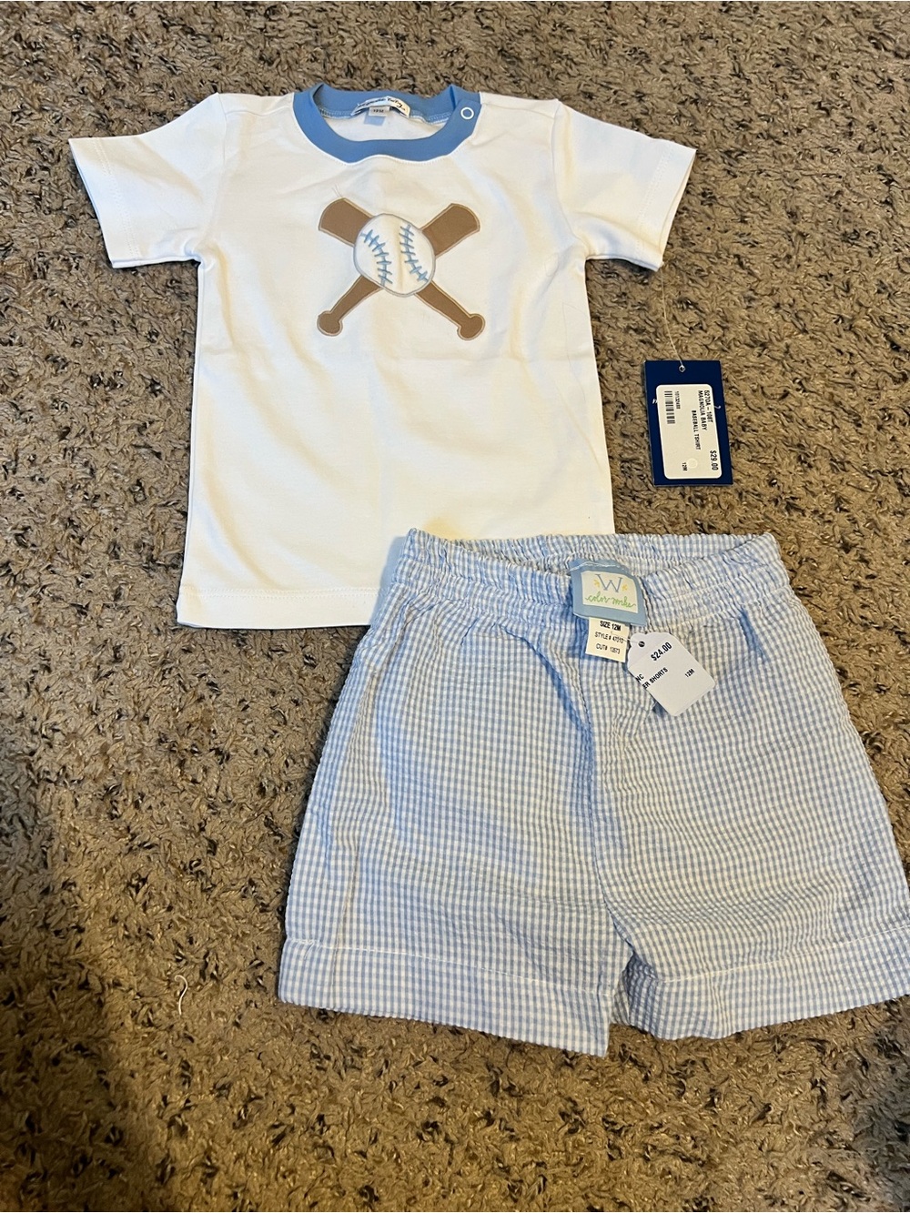 NWT Southern Classic Boys Baseball Tee & Blue Seersucker Shorts Set - 12 Months